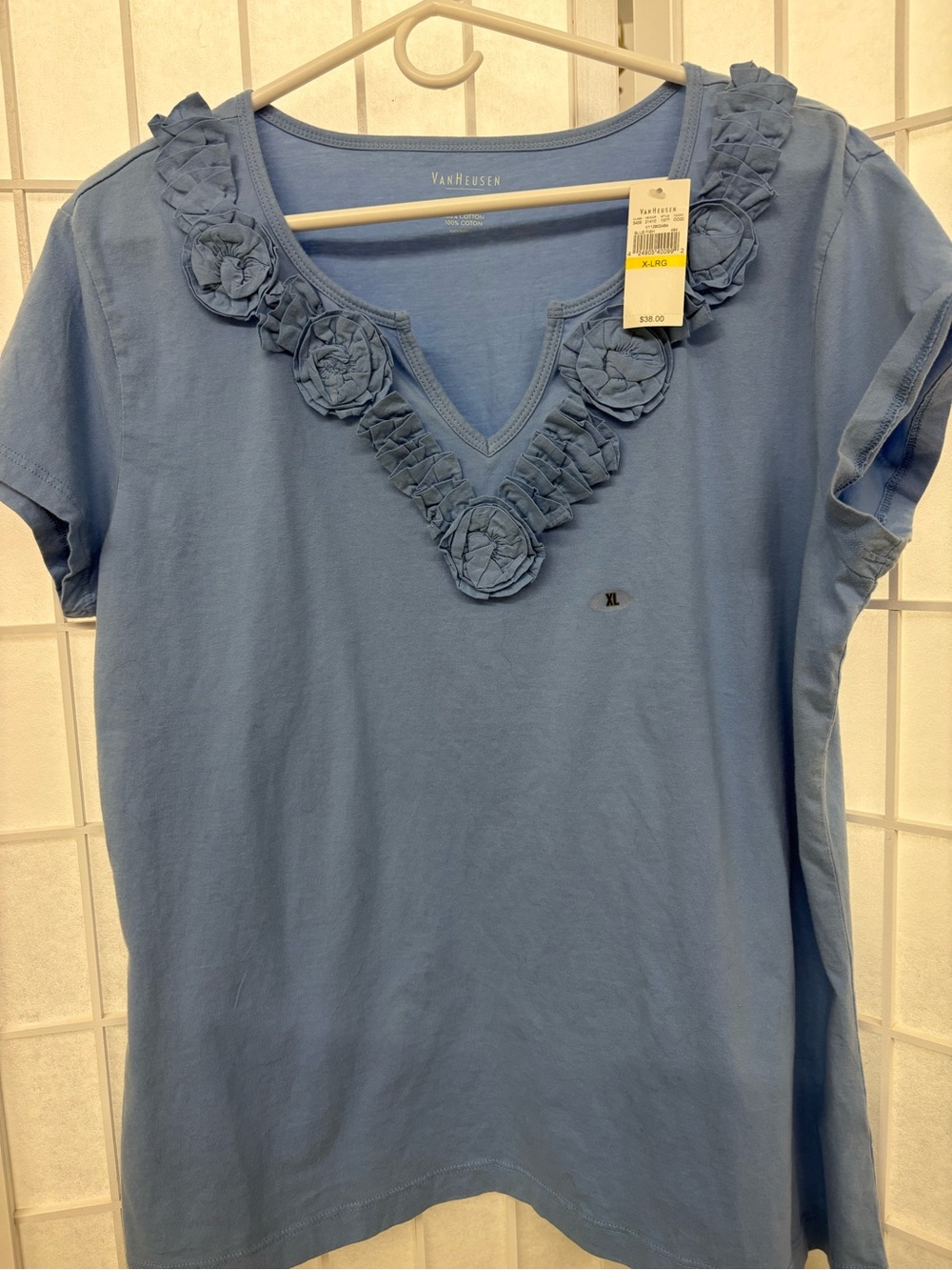 Van Heusen Light Blue Short-Sleeve V-Neck Top with Rosette Trim
